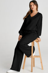 Black V Neck Cropped Sweatshirt & Seamed High Waist Pants Set