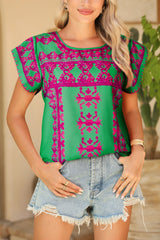 Rose Boho Abstract Print Split Cap Sleeve Blouse