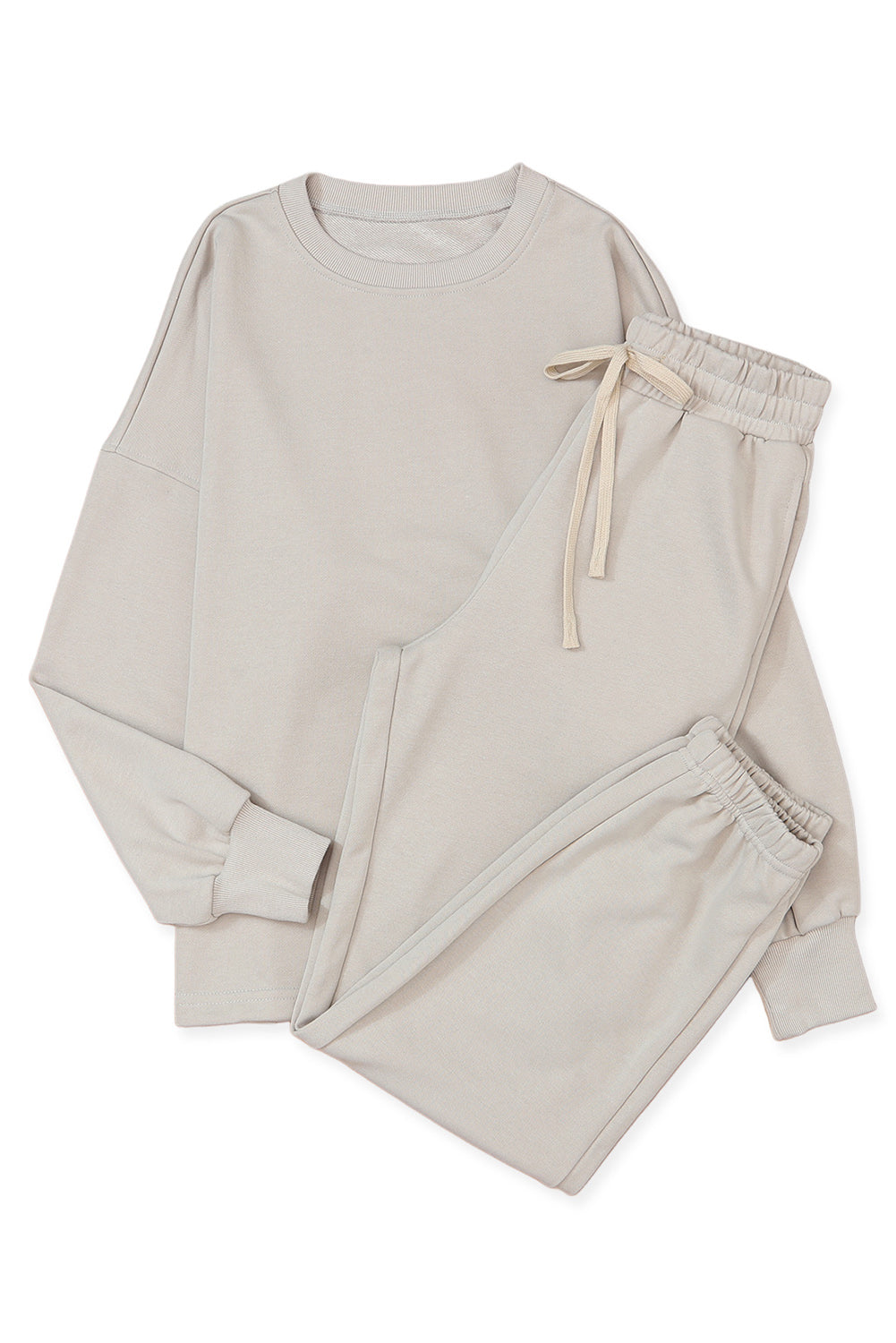 Beige Plain Long Sleeve Top & Drawstring Pants Two Piece Pants Set