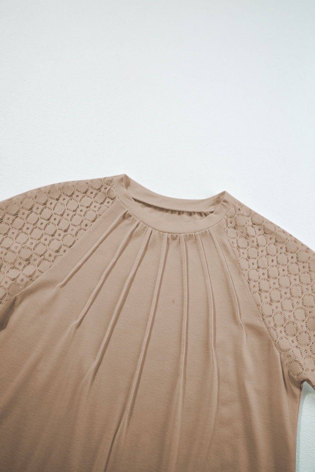 Pale Khaki Seamed Detail Contrast Lace Raglan Sleeve Tee