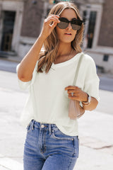 White Waffle Knit Casual Drop Shoulder Loose Top