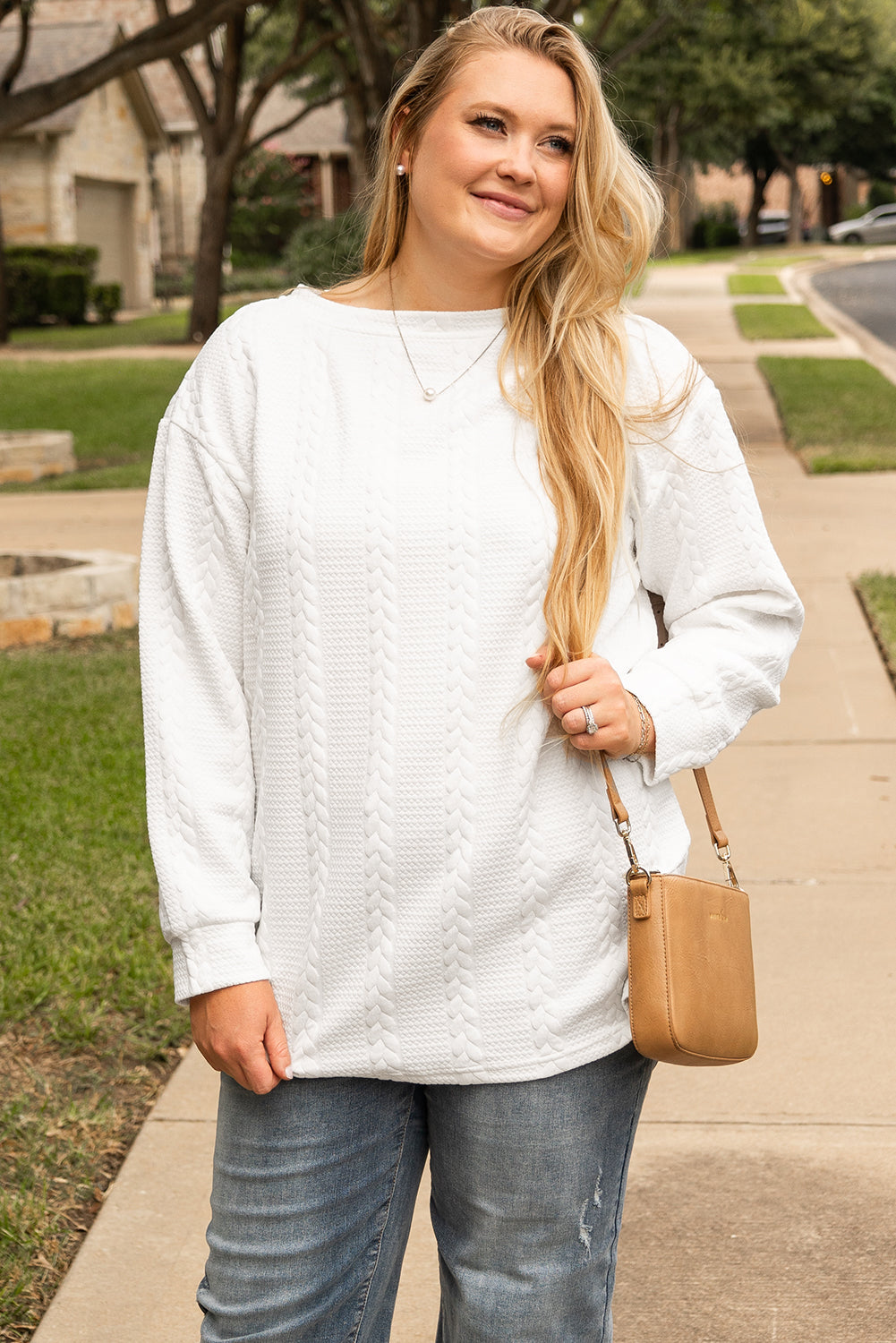 White Textured Loose Plus Size Long Sleeve Top