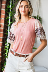 Pink Rib-Knit Leopard Lace Splicing Sleeve Patchwork Summer Top