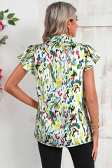 Green Abstract Print Split Neck Ruffle Sleeve Blouse