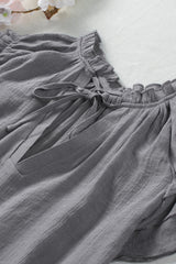 Gray V Neck Tiered Ruffle Sleeve Summer Top