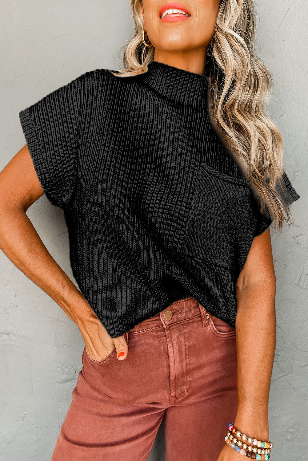 Wholesale Black Patch Pocket Ribbed Knit Short Sleeve Sweater