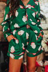 Green Christmas Santa Claus Satin Shirt and Shorts Pajama Set