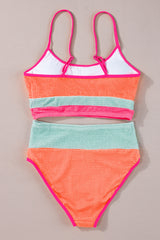 Orange Color Block Textured High Waist Sexy Bikini Set