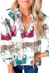 White Colorful Tiger Print Lantern Sleeve Blouse