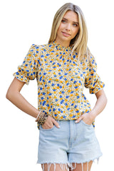 Yellow Floral Boho Frill Mock Neck Blouse