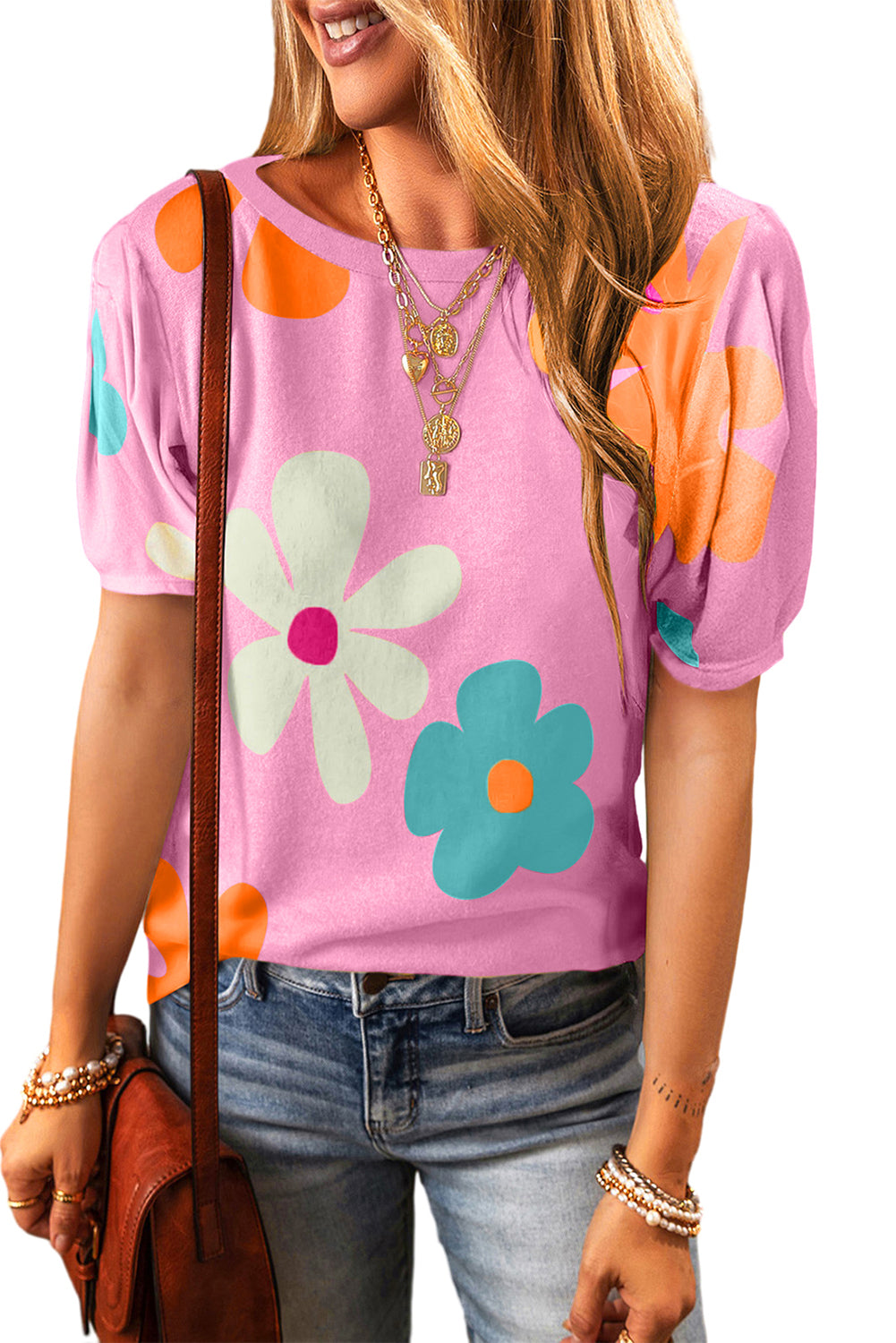 Pink Colorful Flower Print Bubble Sleeve Tee