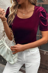 Burgundy Solid Color Elegant Short Puff Sleeve Velvet Top