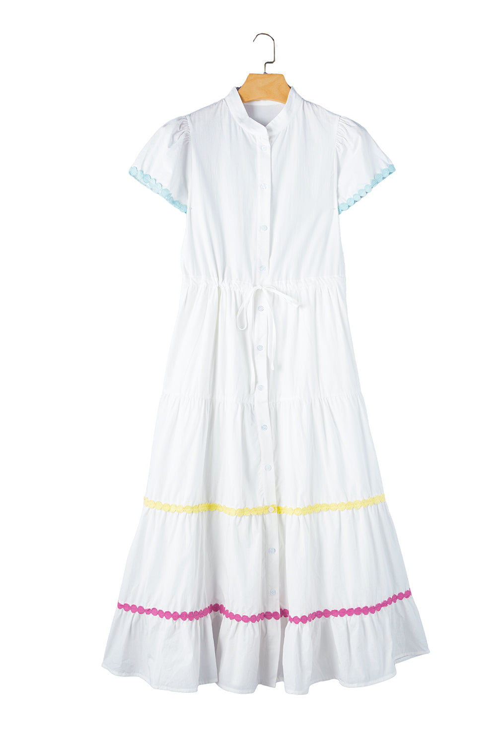 White High Waist Short Sleeve Tiered Shirt Dress