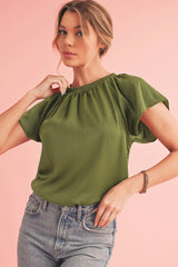 Jungle Green Pleated Flutter Sleeve Satin Blouse