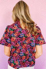 Multicolor Floral Print Round Neck Puff Sleeve Blouse