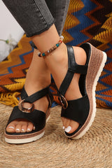 Black Leather Crossed Strap Metal Decor Wedge Sandals