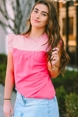 Rose Red Two Tone Pleated Ruffle Trim Blouse