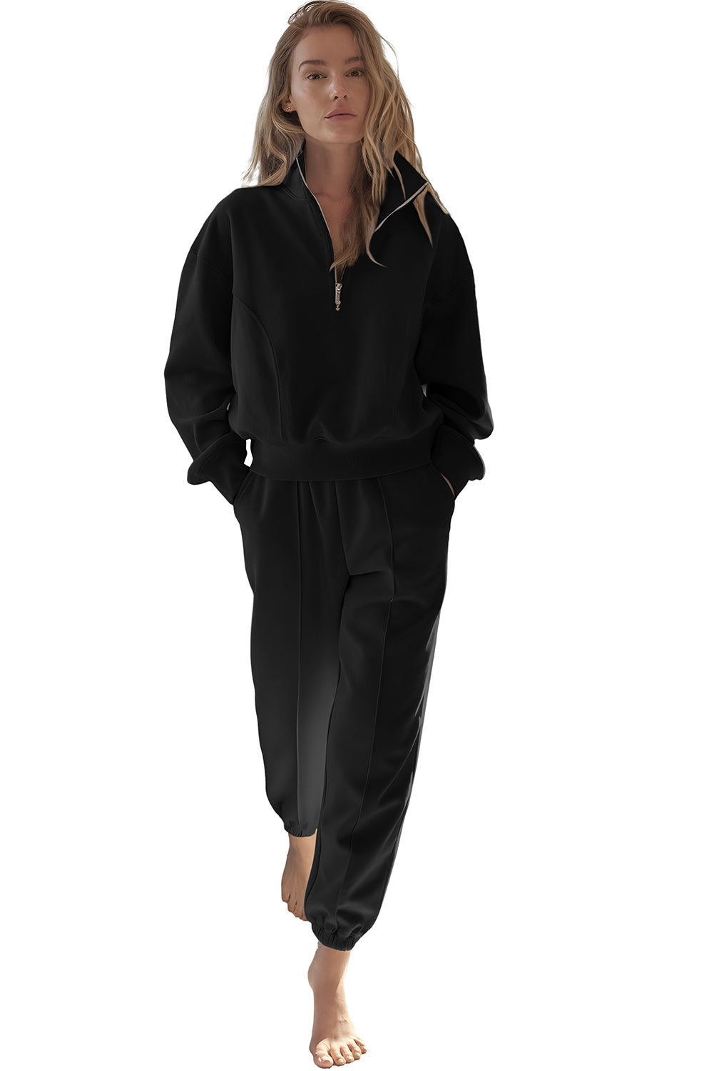 Black Solid Color Half Zip Up Pullover Top and Jogger Set