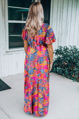 Rose Boho Abstract Print V Neck Short Sleeve Maxi Wrap Dress