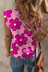 Pink Flower Print Round Neck Cap Sleeve T Shirt