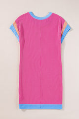 Rose Red Rib Textured Colorblock Contrast Pocket T Shirt Dress