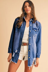 Sky Blue Light Wash Distressed Frayed Long Denim Jacket