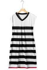 Stripe Casual V Neck Cap Sleeve Midi Dress