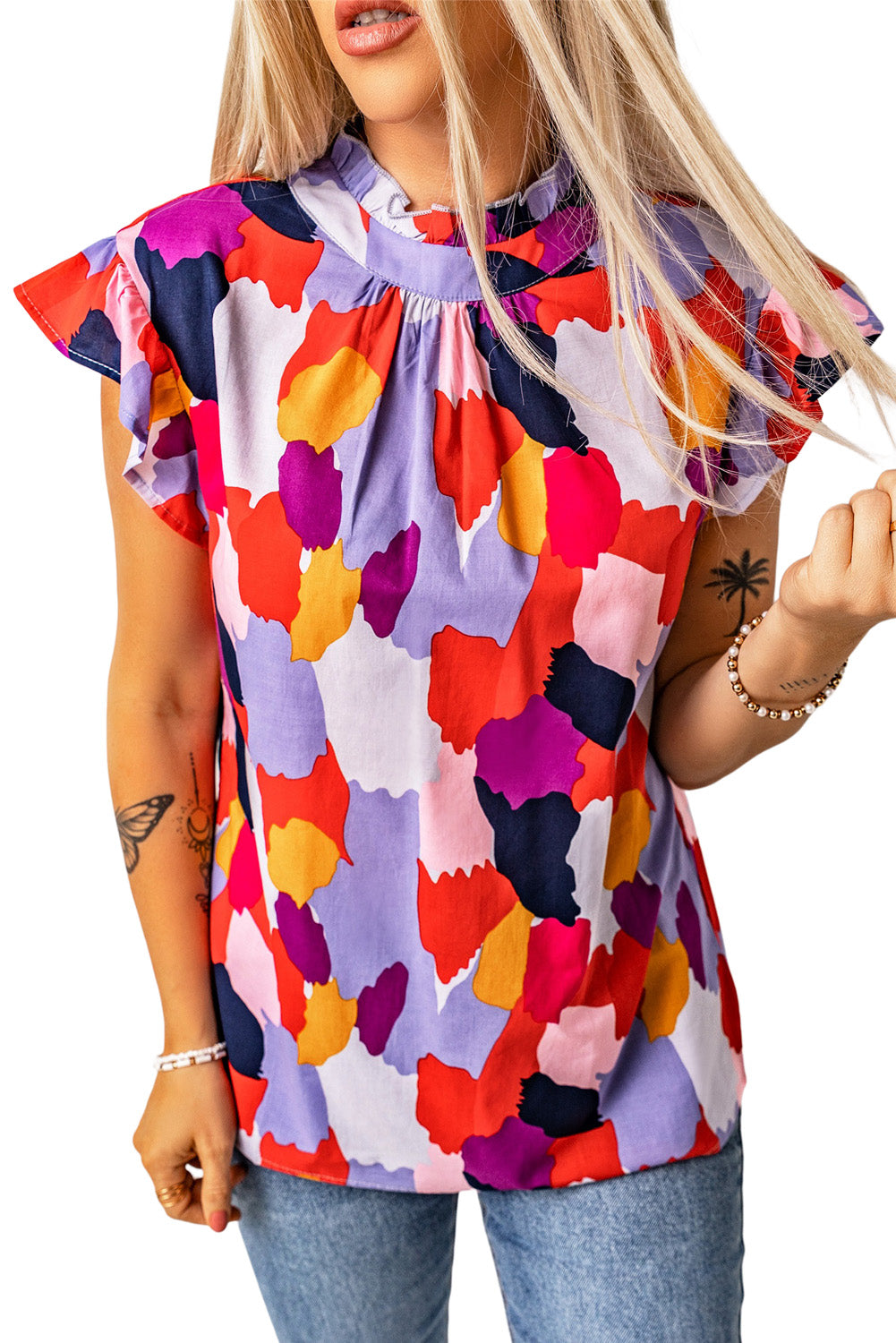 Multicolor Abstract Print Frill Neck Ruffle Sleeve Summer Top