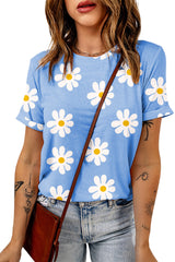 Sky Blue Daisy Print Crewneck T Shirt