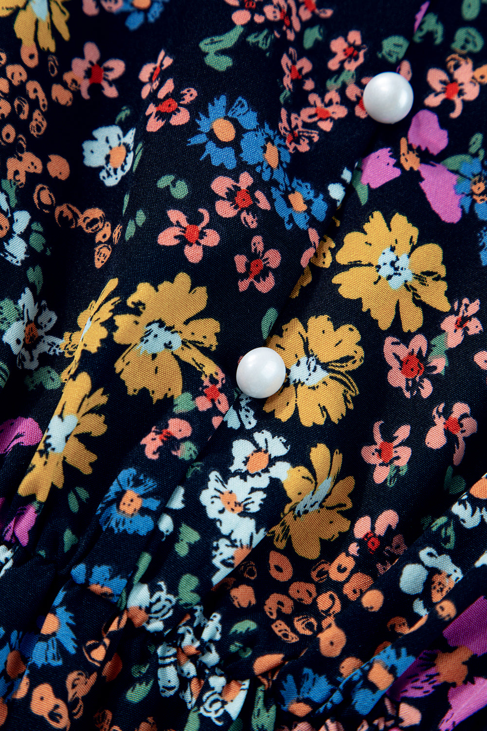 Black Floral Print Ruffled Sleeve V Neck Buttoned Midi Dress