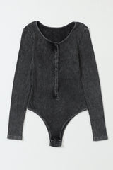 Black Vintage Washed Ribbed Snap Button Long Sleeve Bodysuit