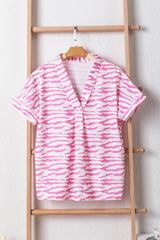 Rose Zebra Print V-Neck Roll Up Sleeve Blouse