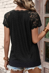 Black Lace Scalloped V-Neck Short Sleeve Top