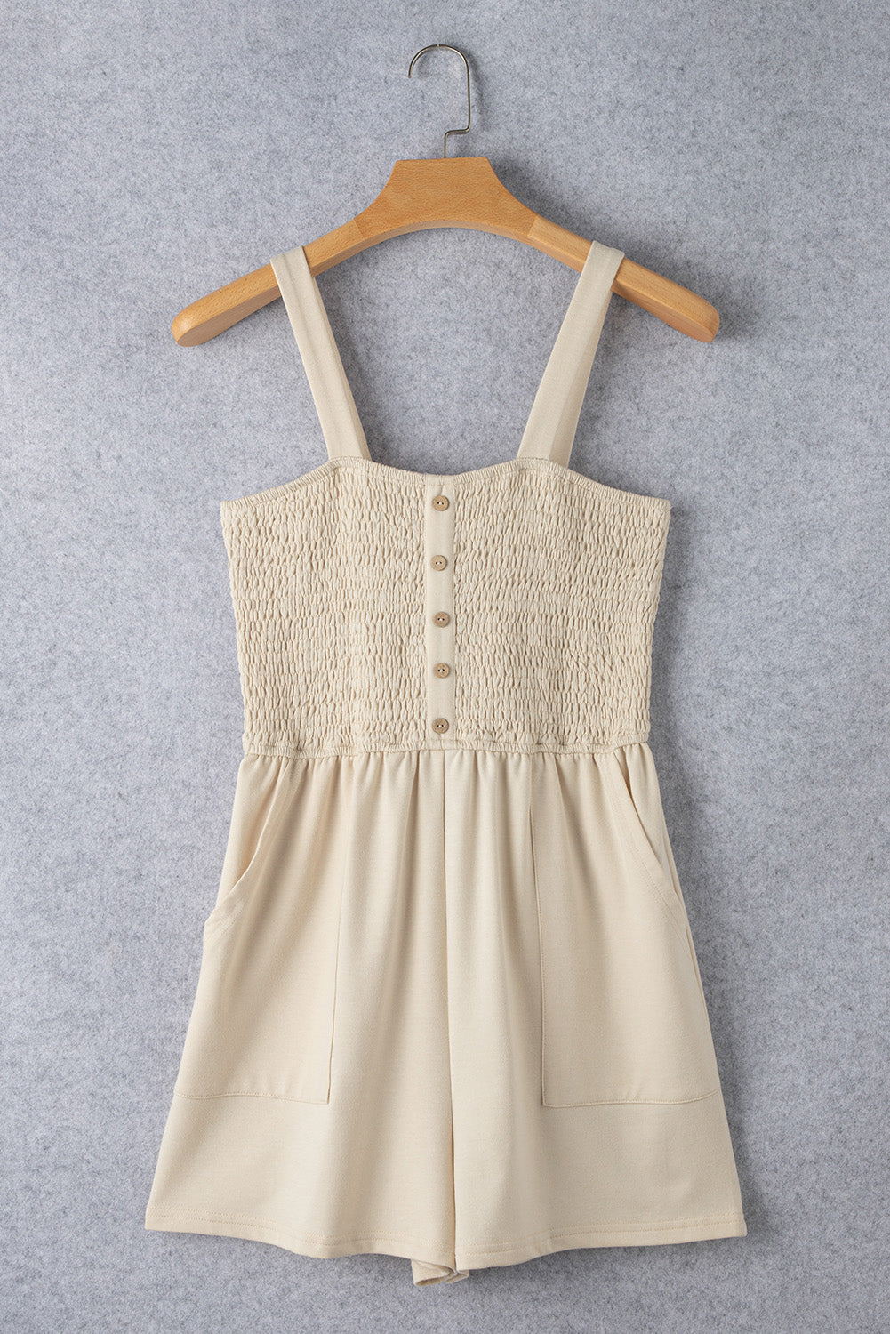 Beige Solid Color Buttons Smocked Sleeveless Romper