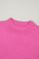 Pink Ribbed Knit Contrast Short Sleeve Mock Neck Sweater