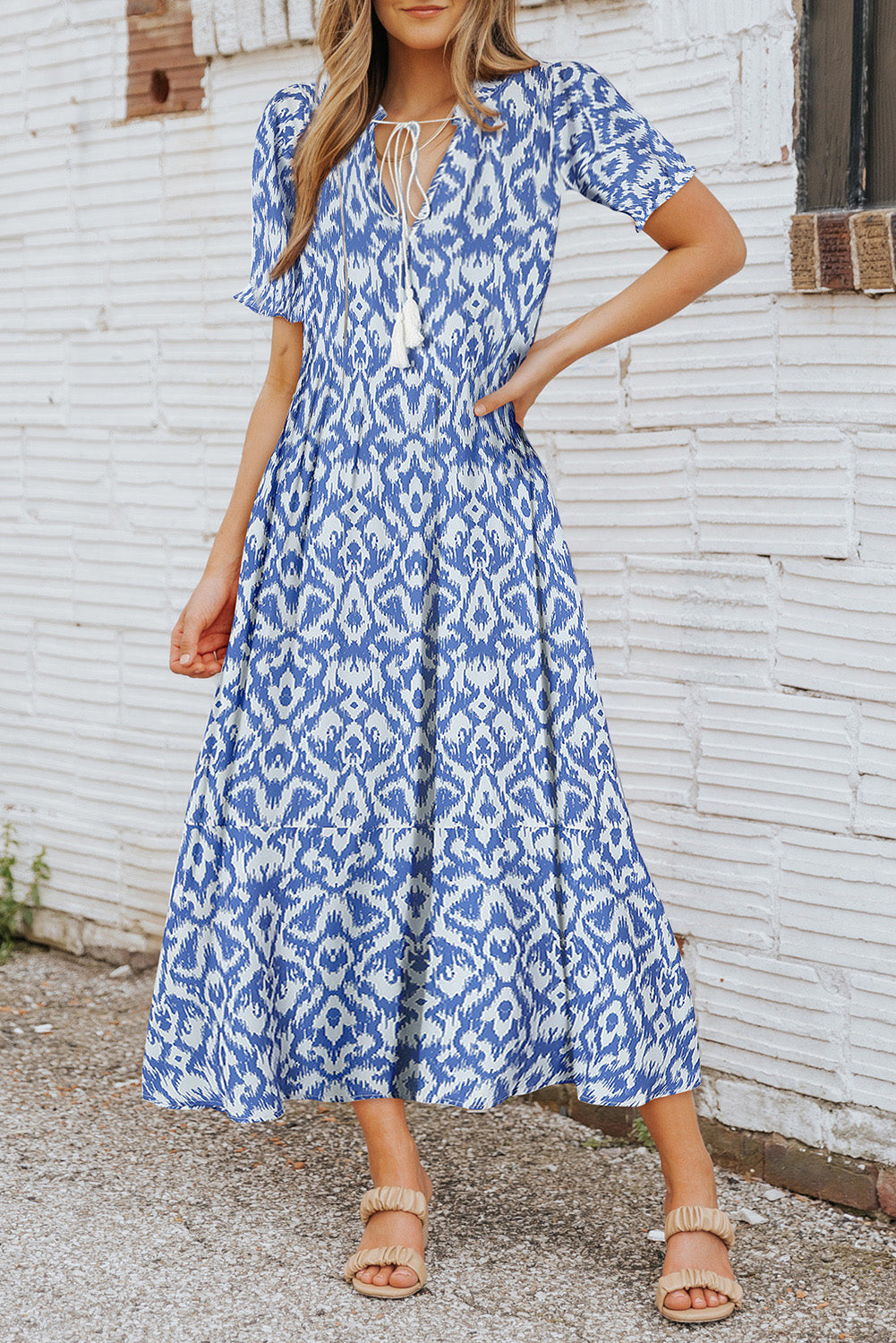 Sky Blue Geometric Print Casual V Neck Maxi Dress