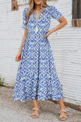 Sky Blue Geometric Print Casual V Neck Maxi Dress