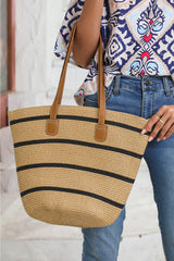 Black Vacation Straw Woven Striped One Shoulder Bag