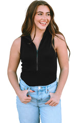 Black Zip Up Mock Neck Ribbed Sleeveless Bodysuit