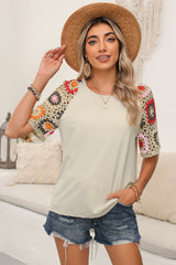 Parchment Hollowed Floral Crochet Sleeve Boho T Shirt