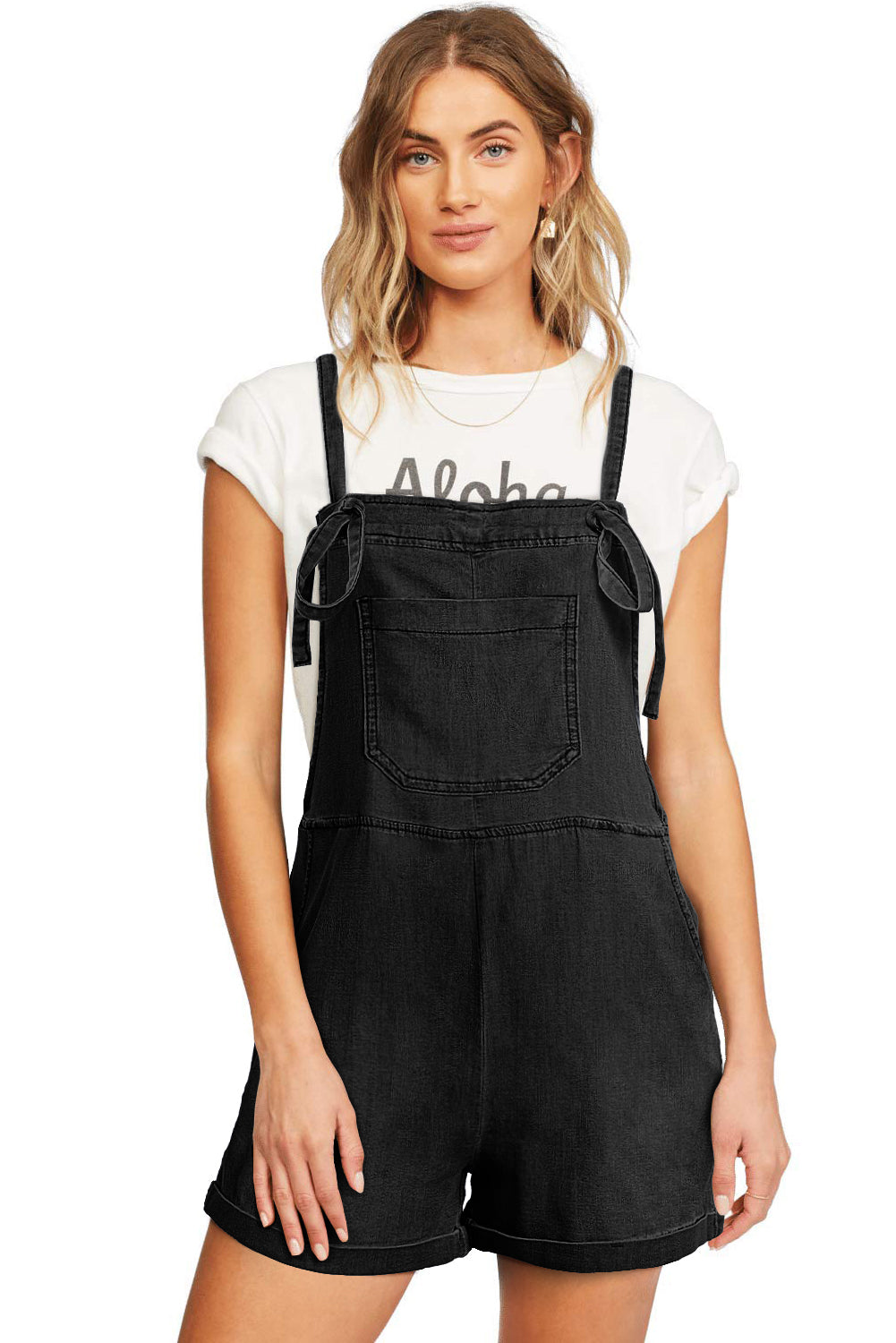 Black Denim Adjustable Knotted Straps Pocketed Romper