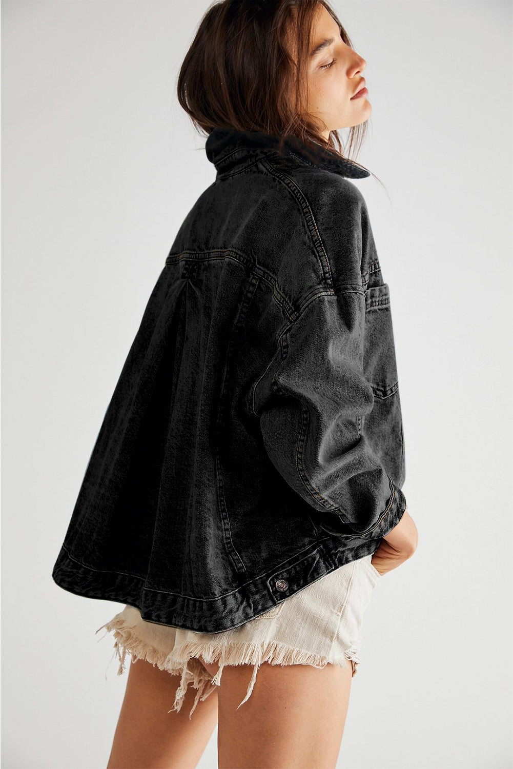 Black Washed Oversized Pocketed Denim Jacket