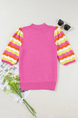 Pink Ribbed Knit Contrast Short Sleeve Mock Neck Sweater