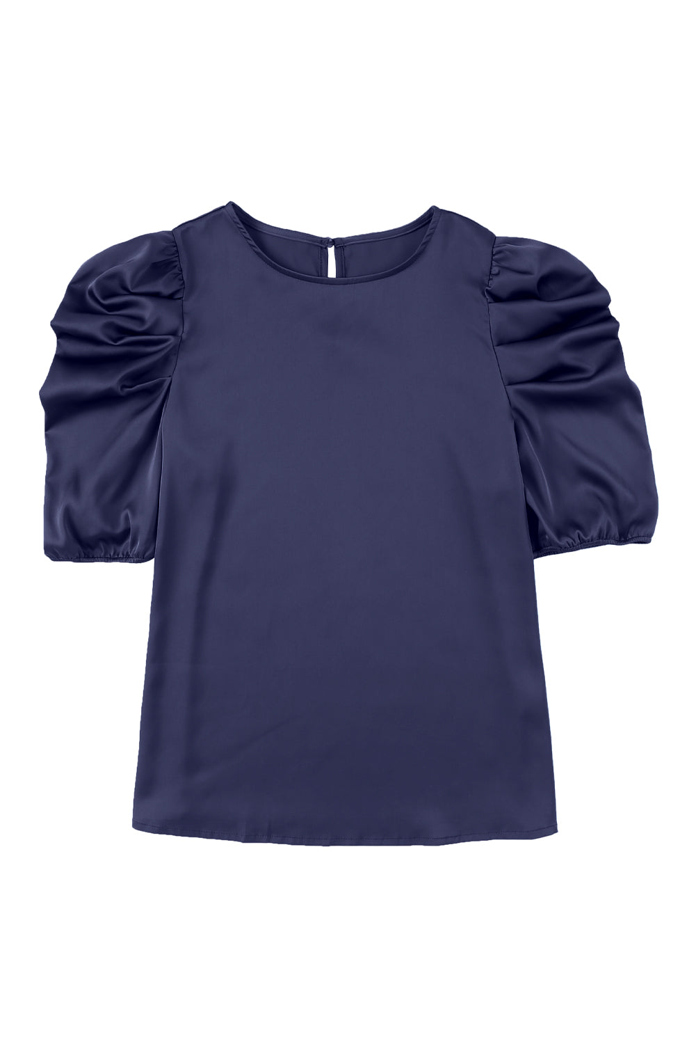 Dark Blue Elegant Ruched Puff Sleeve Silk Blouse