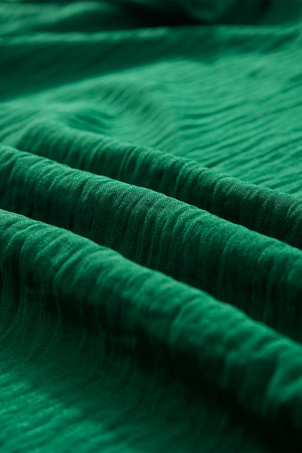 Dark Green Plain Textured Pleated Ruffle Sleeve Blouse