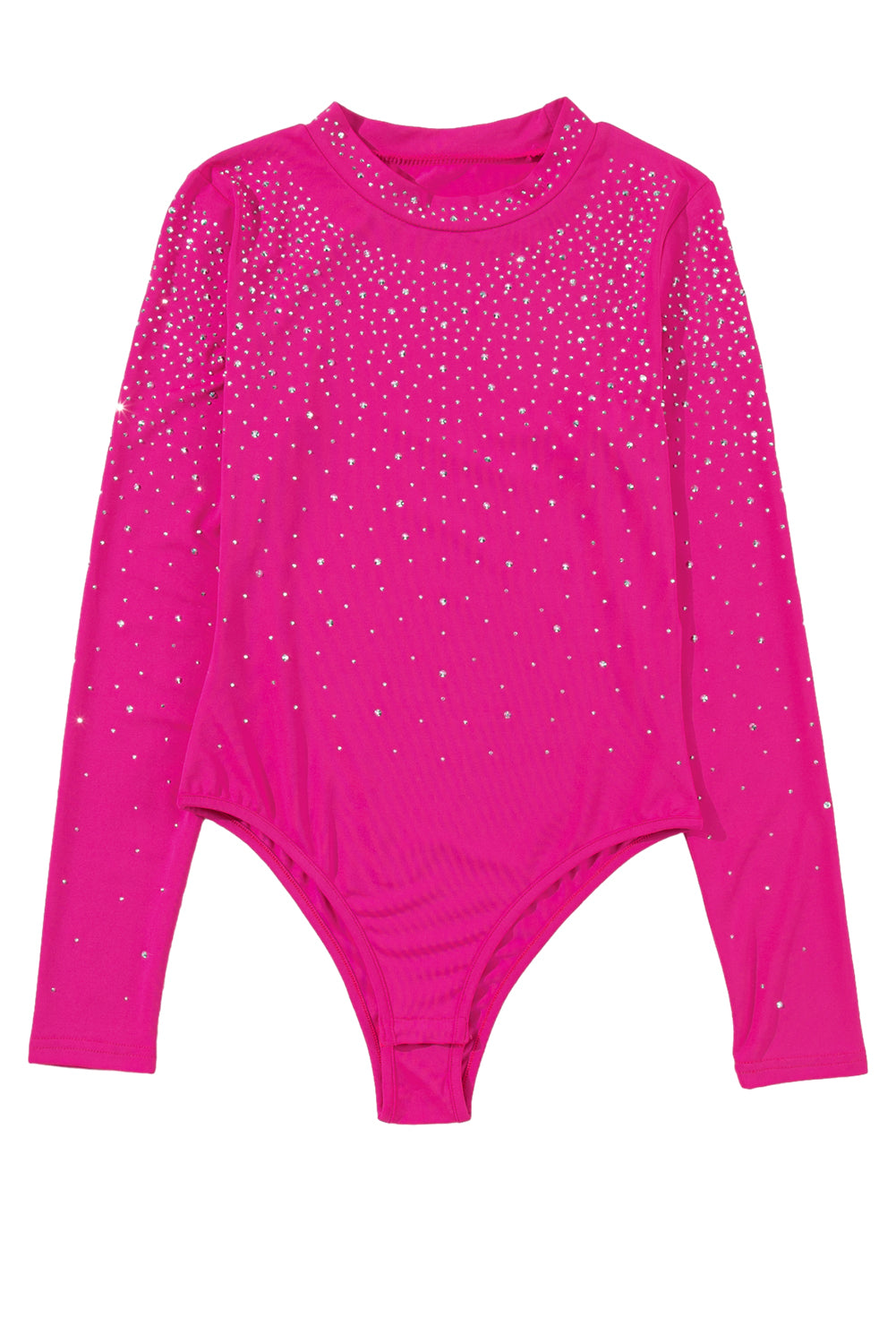 Rose Red Rhinestone Mesh Long Sleeve Bodysuit