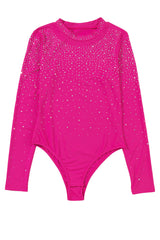 Rose Red Rhinestone Mesh Long Sleeve Bodysuit