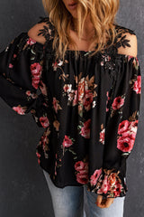 Black Floral Print Lace Loose Off Shoulder Blouse