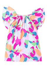 Multicolor Abstract Pattern Ruffle Sleeve Blouse