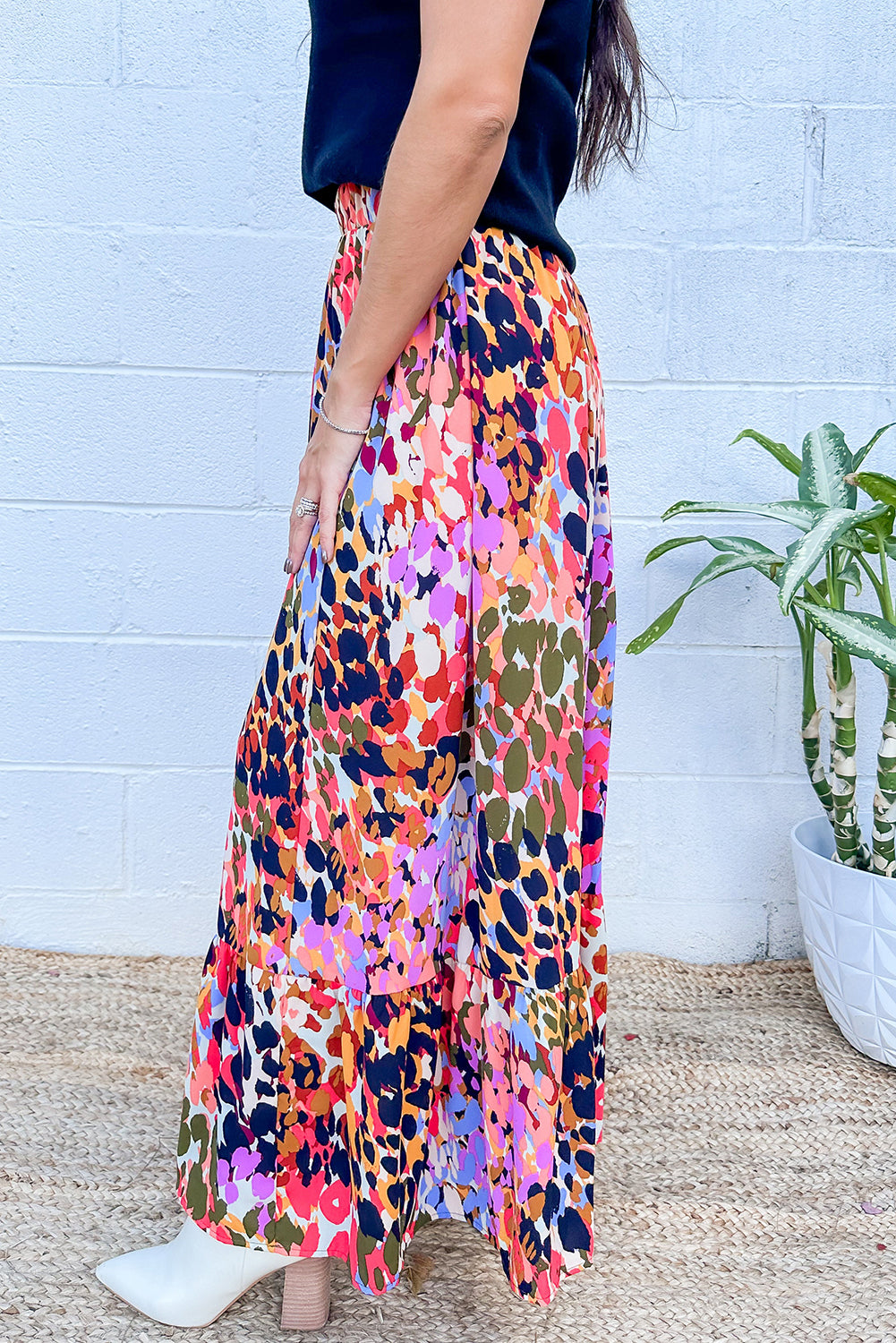 White Abstract Print High Waist Maxi Skirt